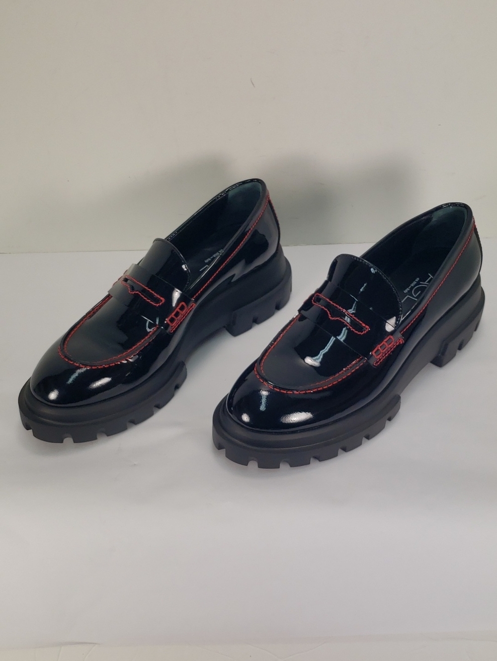 NEW AGL BLACK PATENT LEATHER RED STITCHES PLATFORM LOAFERS SHOES WOMEN 41 US 11